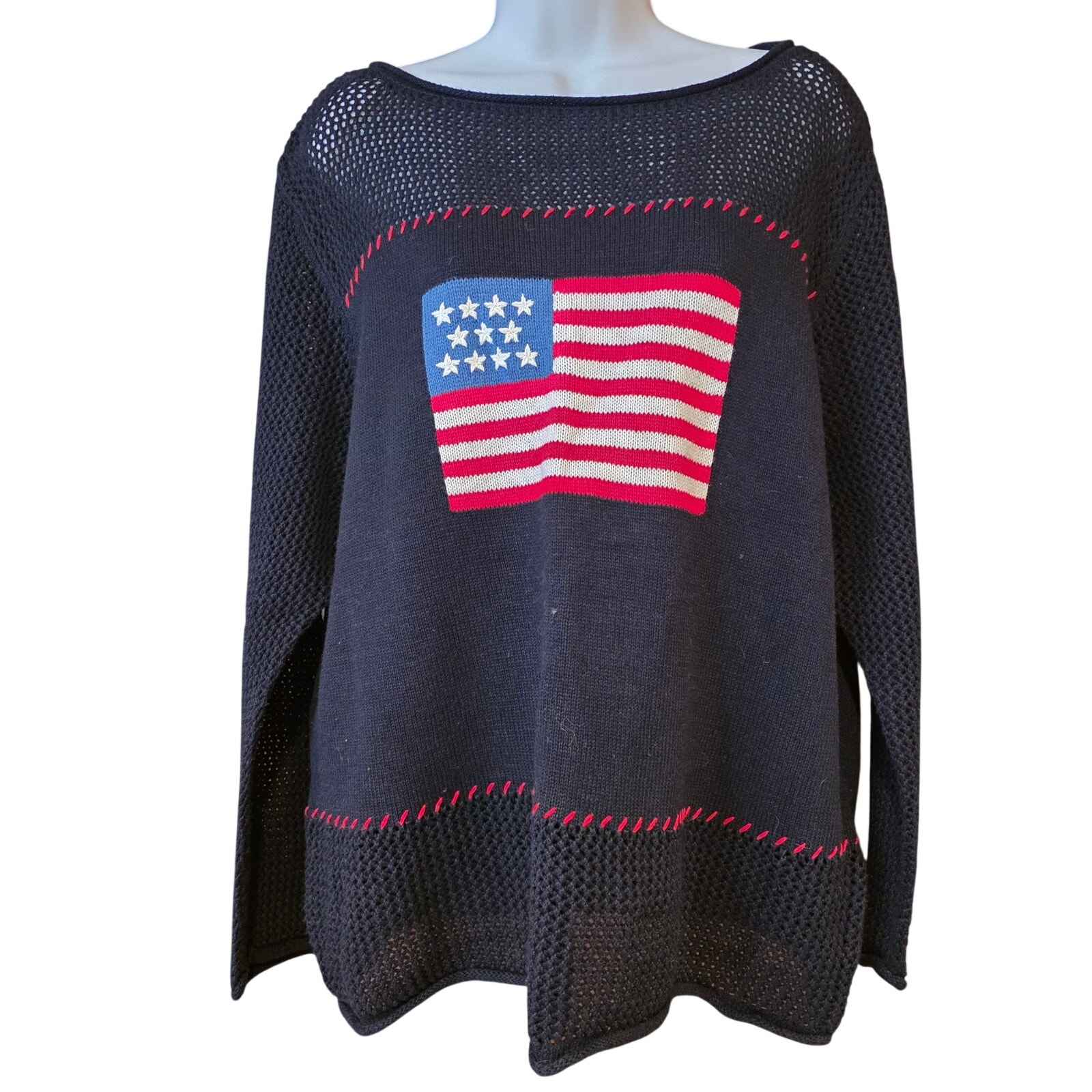 Vintage Norton Studio Navy Knit Sweater With American Flag Sz 1x, Xl